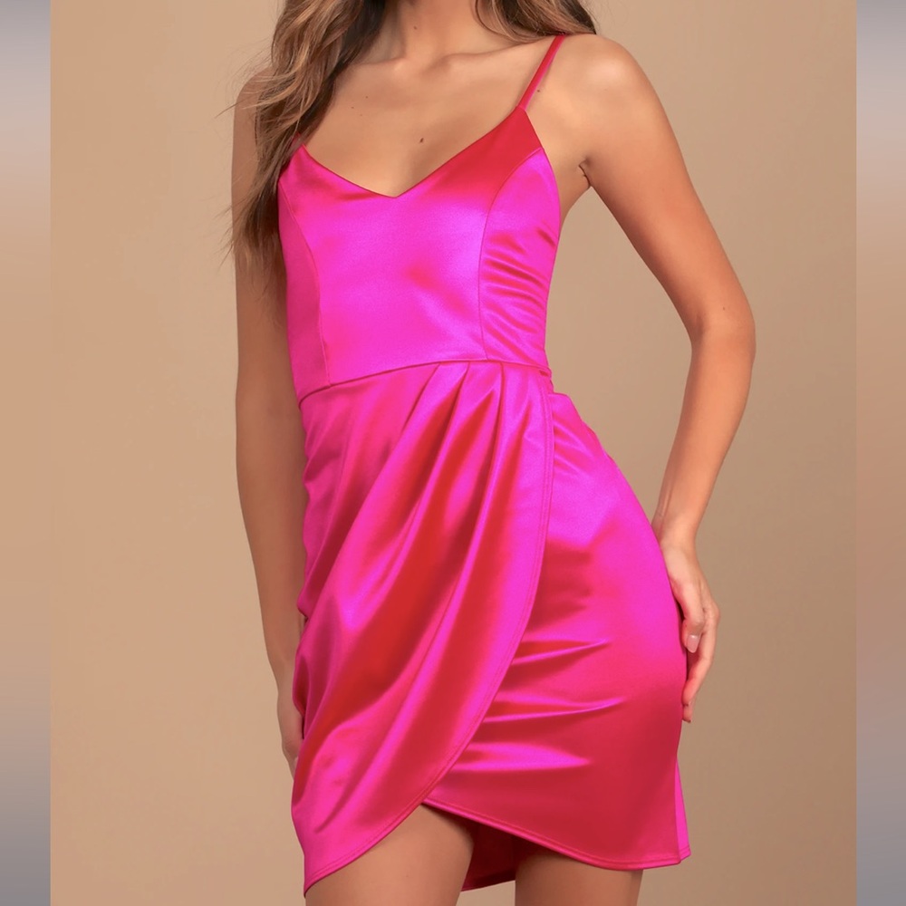 Hot pink satin short cocktail dress spaghetti strap. Flattering drape!